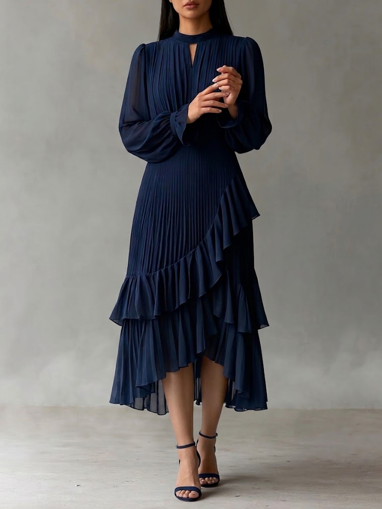 Elegante vestido midi plisado con volantes.
