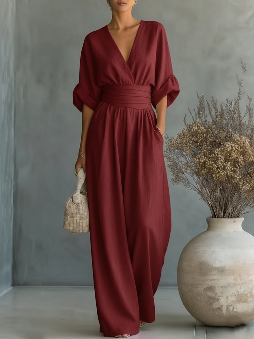 Combinaison élégante à encolure en V, taille haute et jambes larges