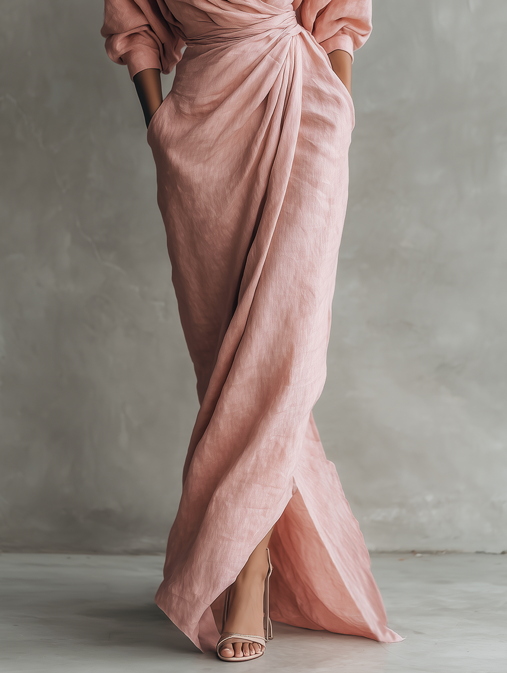 Vestido largo minimalista rosa de lino con escote en V para mujer