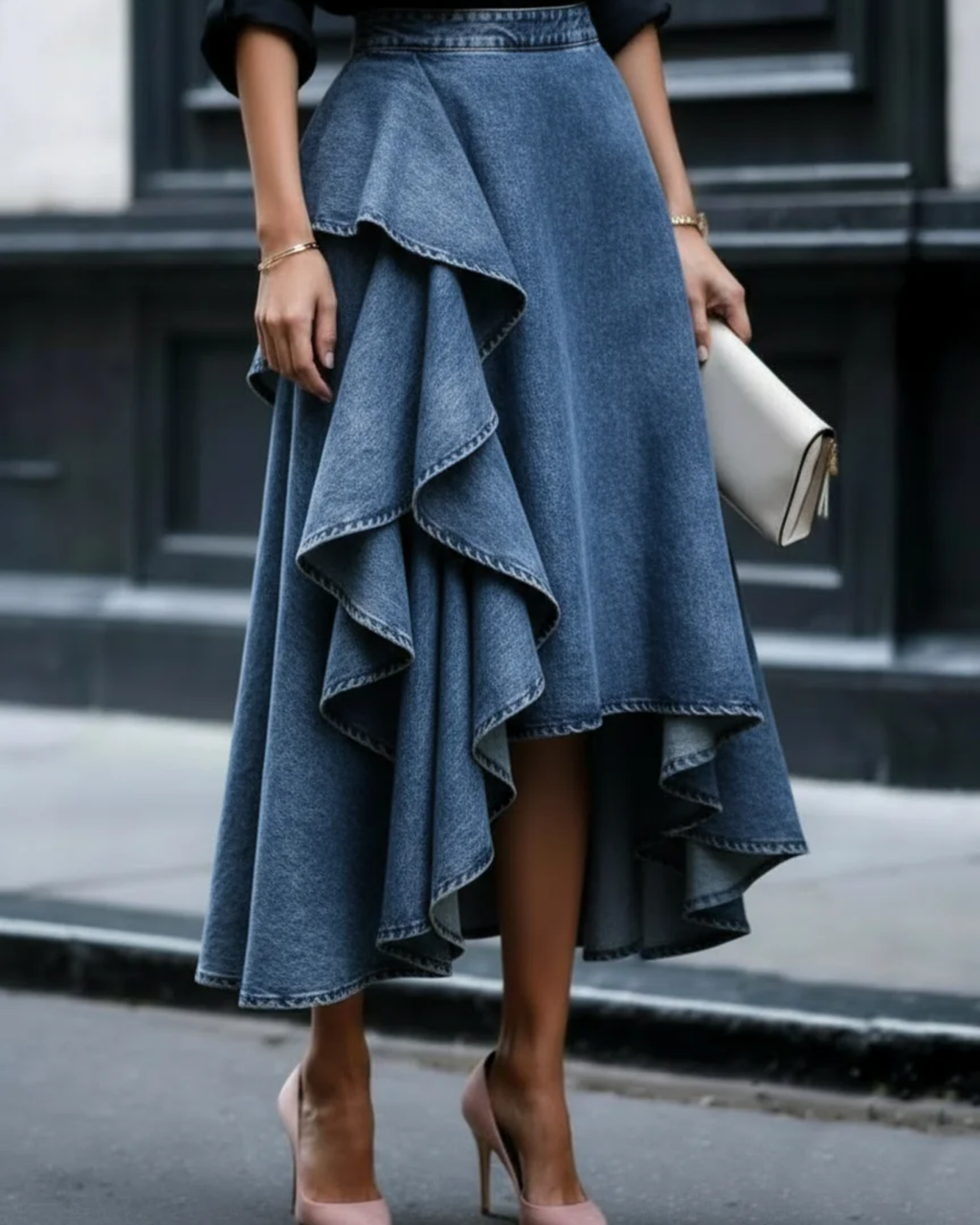 Falda con volantes de denim