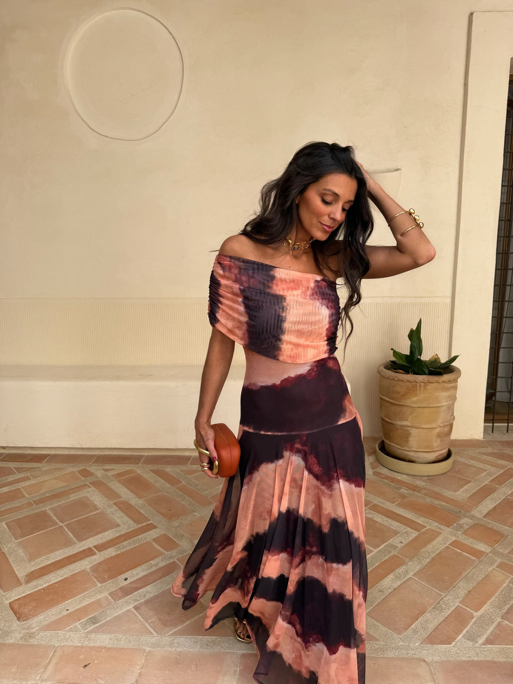 Vestido Toledo en estampado naranja y marrón