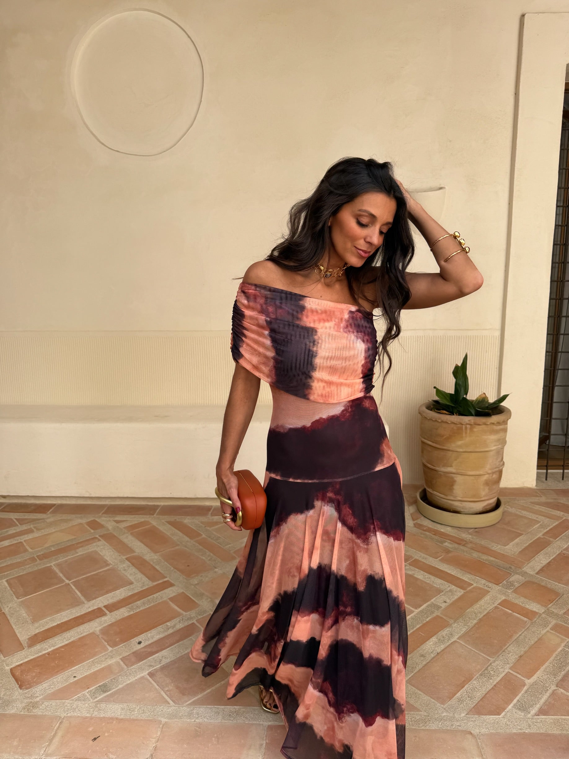 Vestido Toledo en estampado naranja y marrón
