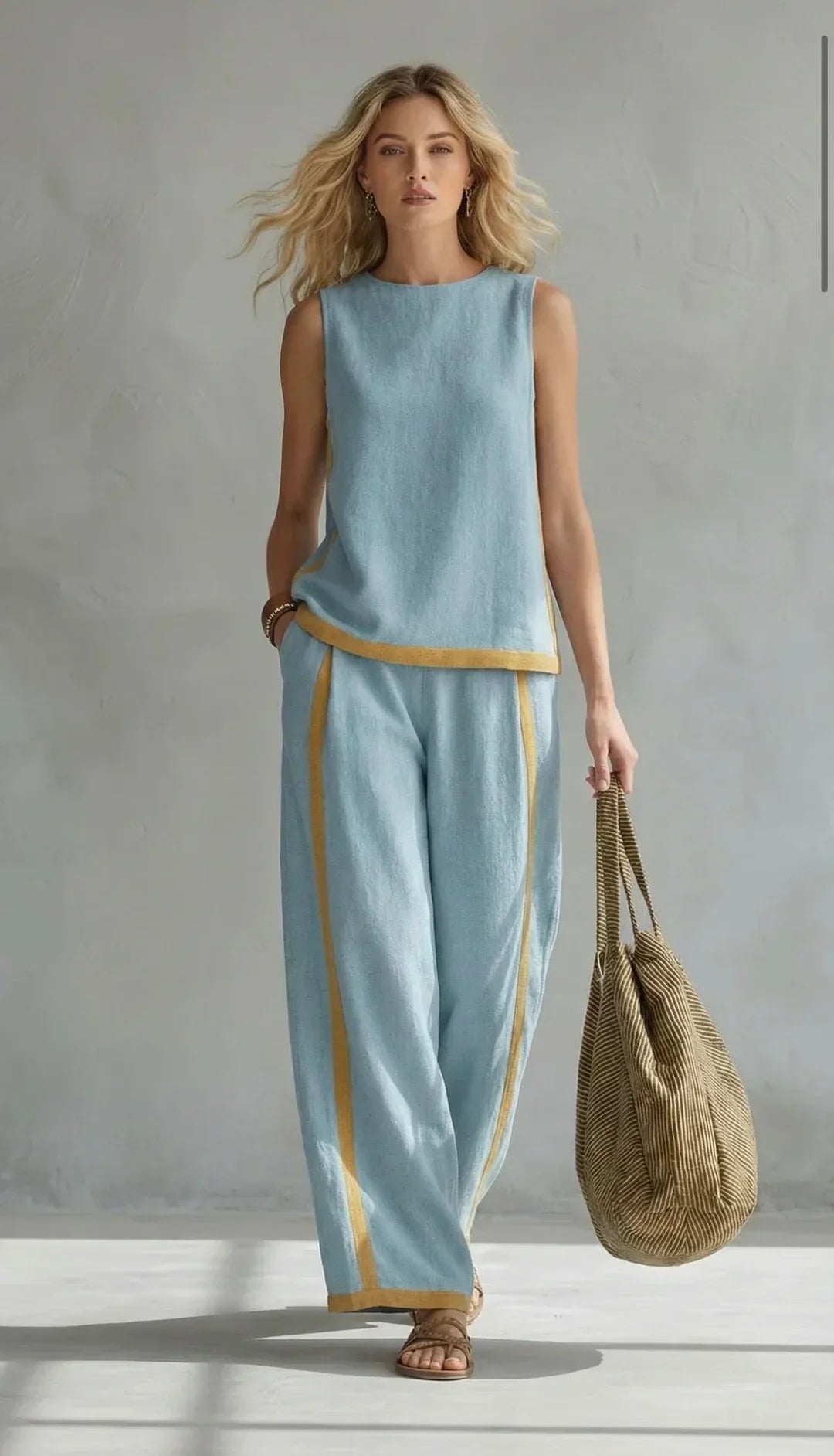 Ursula - Un ensemble gilet et pantalon élégant et décontracté, avec des finitions bicolores.