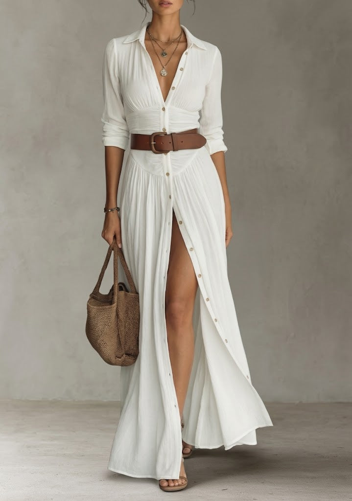 Vestido largo de lino para mujer con cuello de solapa y mangas largas.
