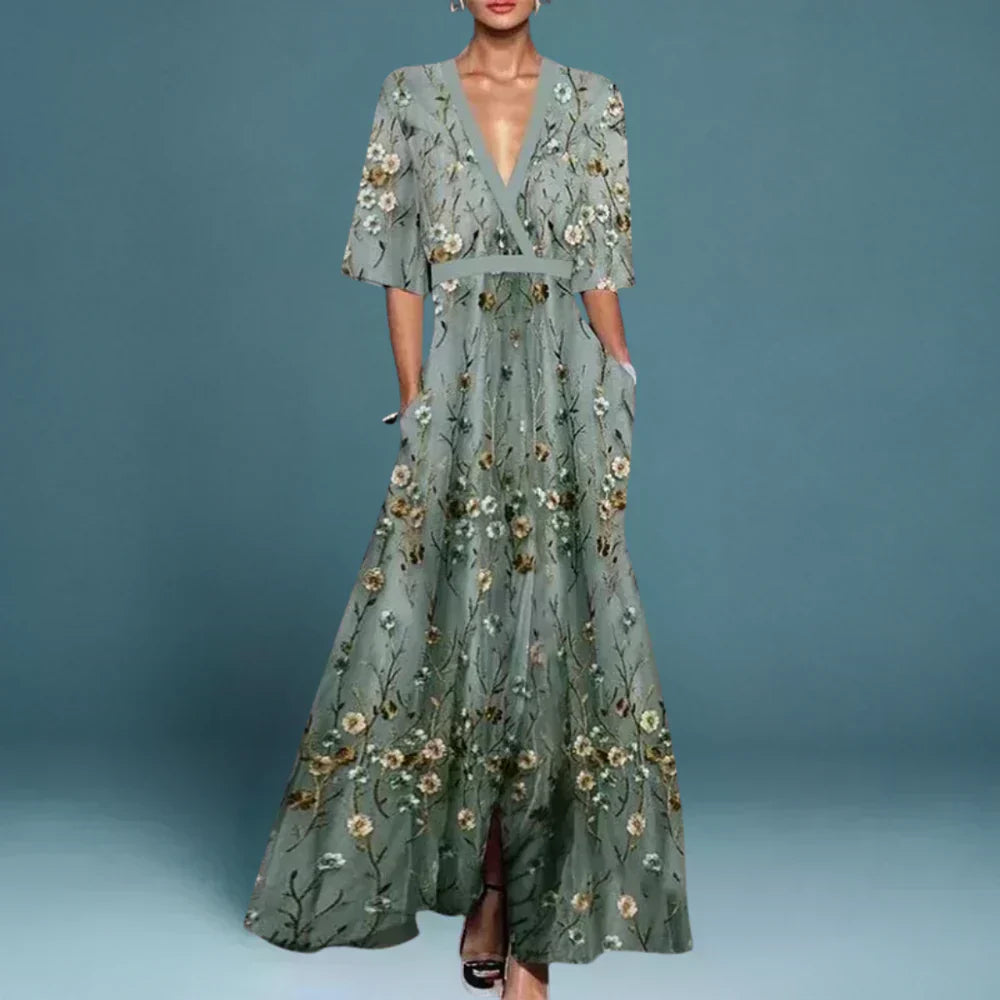 Hazel™ | Robe longue à imprimé floral et ceinture, avec col en V