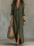 Soline™ | Vestido largo verde holgado con botones