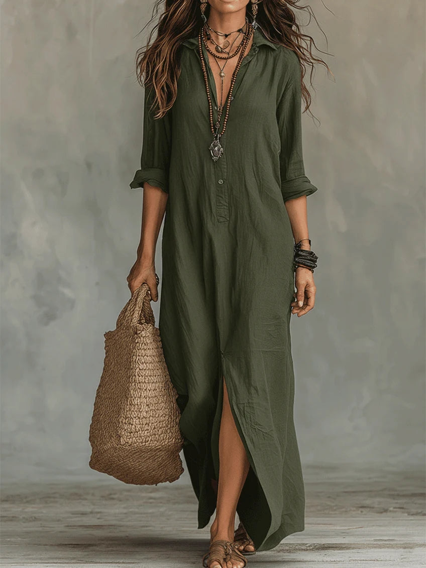 Soline™ | Vestido largo verde holgado con botones