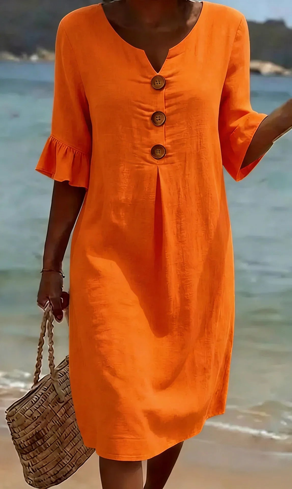 Vanesa™ | Robe texturée en lin avec manches bouffantes et boutons