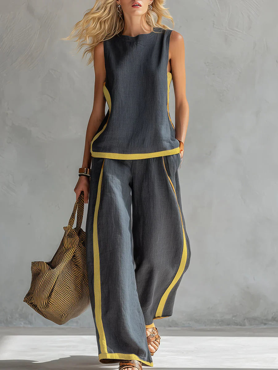 Ursula - Elegante y casual conjunto de chaleco y pantalón con acabados bicolor.