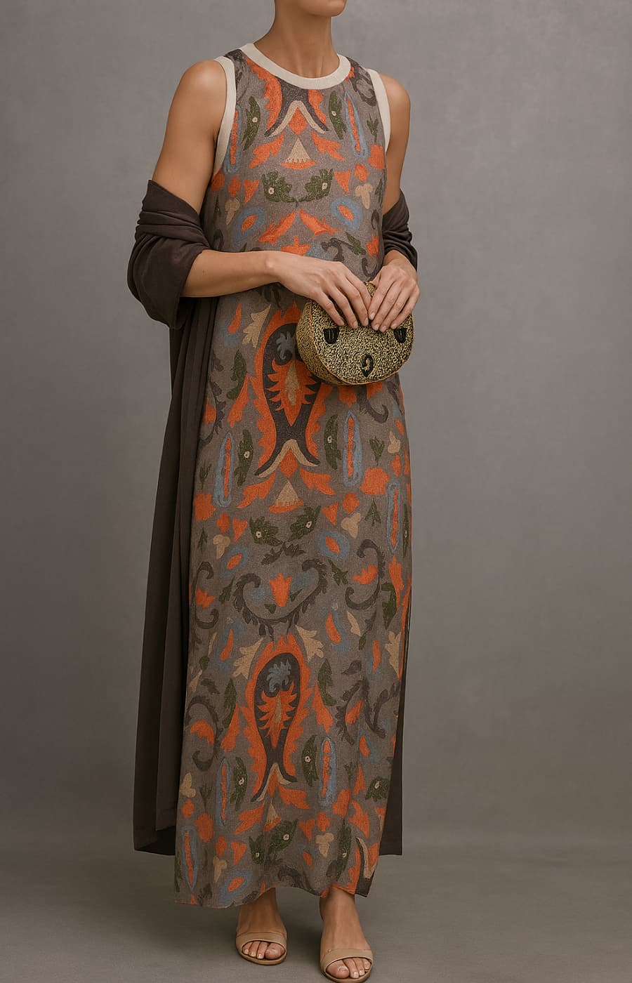 Elina | Ensemble robe longue imprimée avec gilet assorti