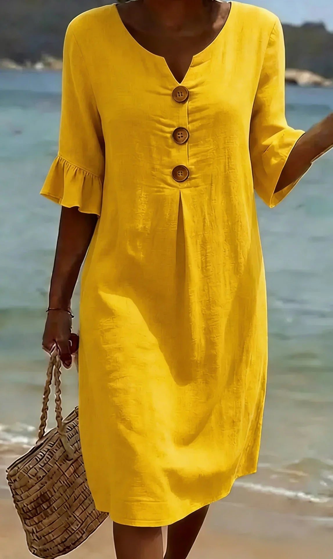 Vanesa™ | Robe texturée en lin avec manches bouffantes et boutons