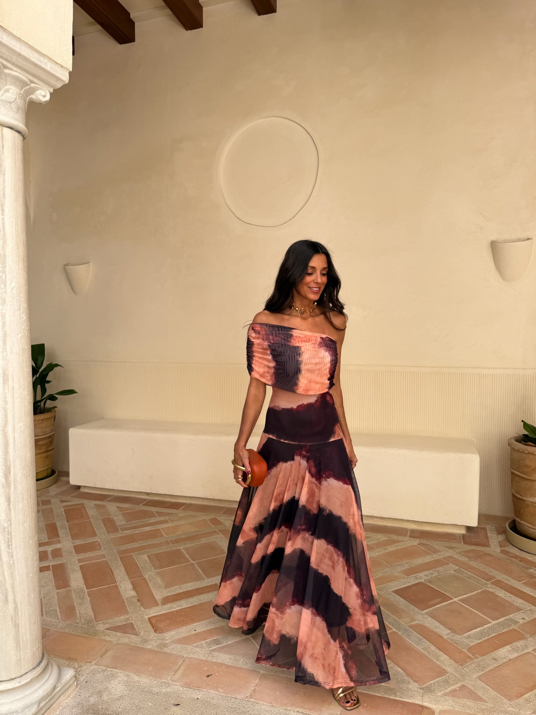 Vestido Toledo en estampado naranja y marrón