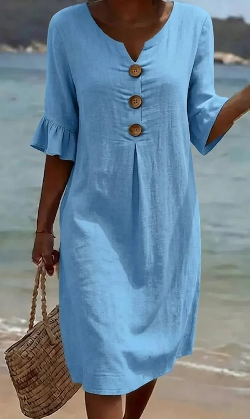 Vanesa™ | Robe texturée en lin avec manches bouffantes et boutons