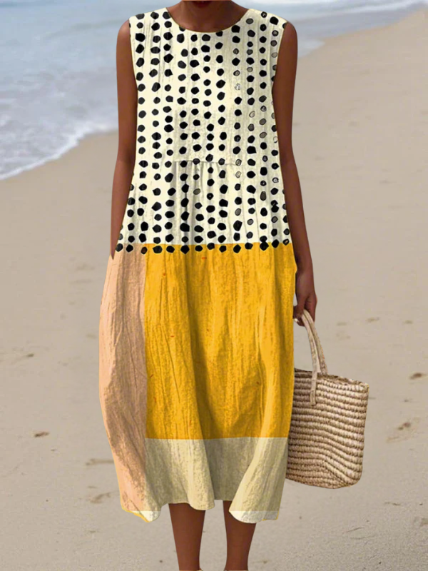 Vestido midi Leah™ con bloques de color y estampado de lunares