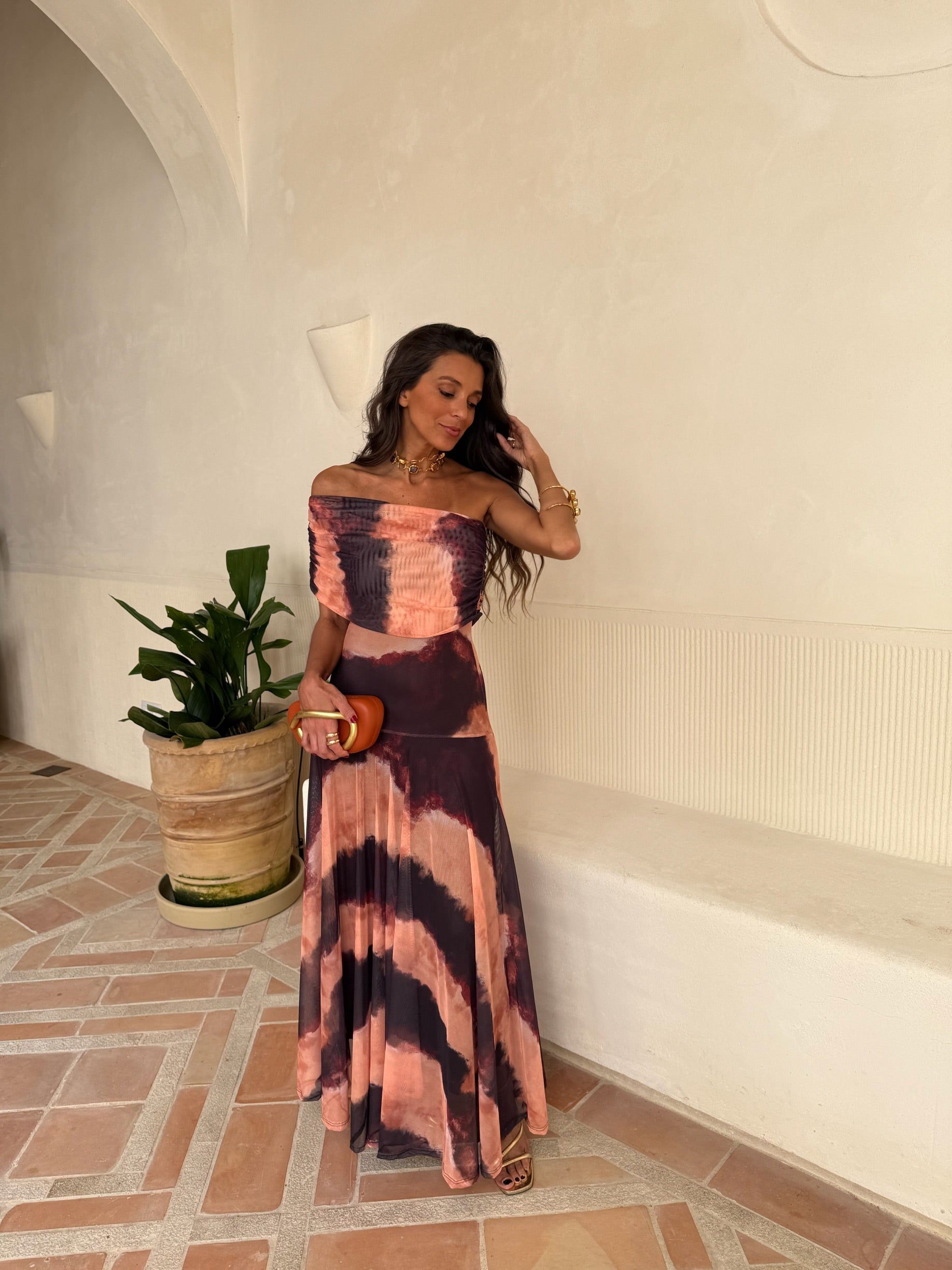 Vestido Toledo en estampado naranja y marrón
