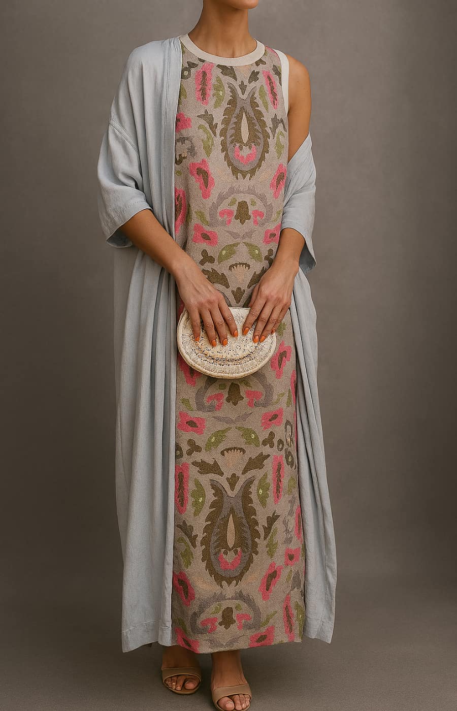 Elina | Ensemble robe longue imprimée avec gilet assorti