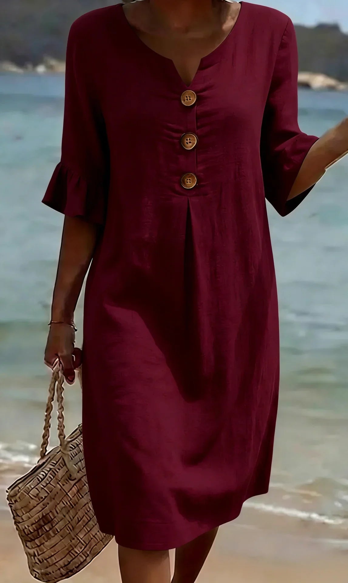 Vanesa™ | Robe texturée en lin avec manches bouffantes et boutons