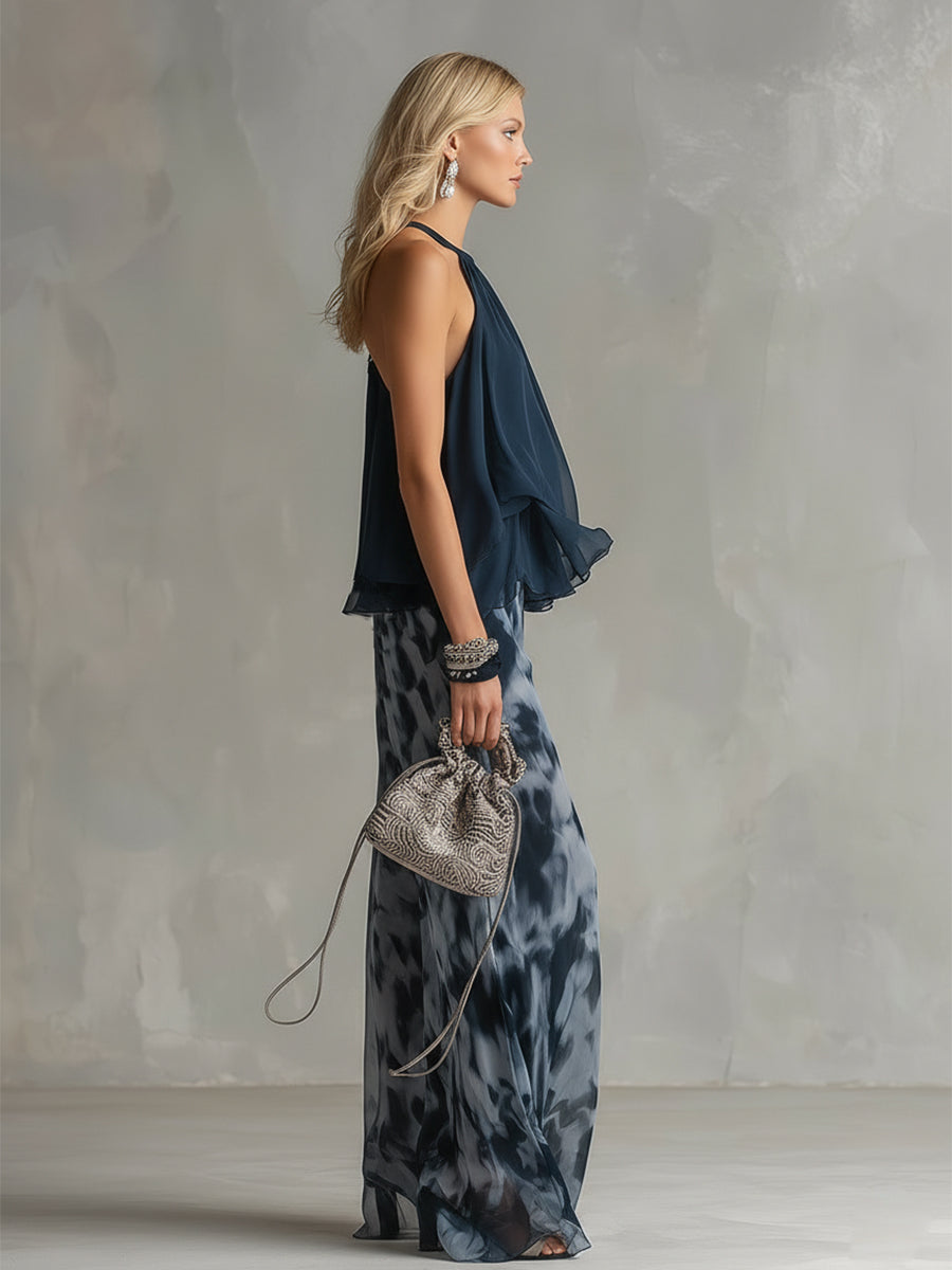 Serena | Ensemble élégant en mousseline, composé d'un haut à col montant et d'un pantalon à motifs à jambes larges