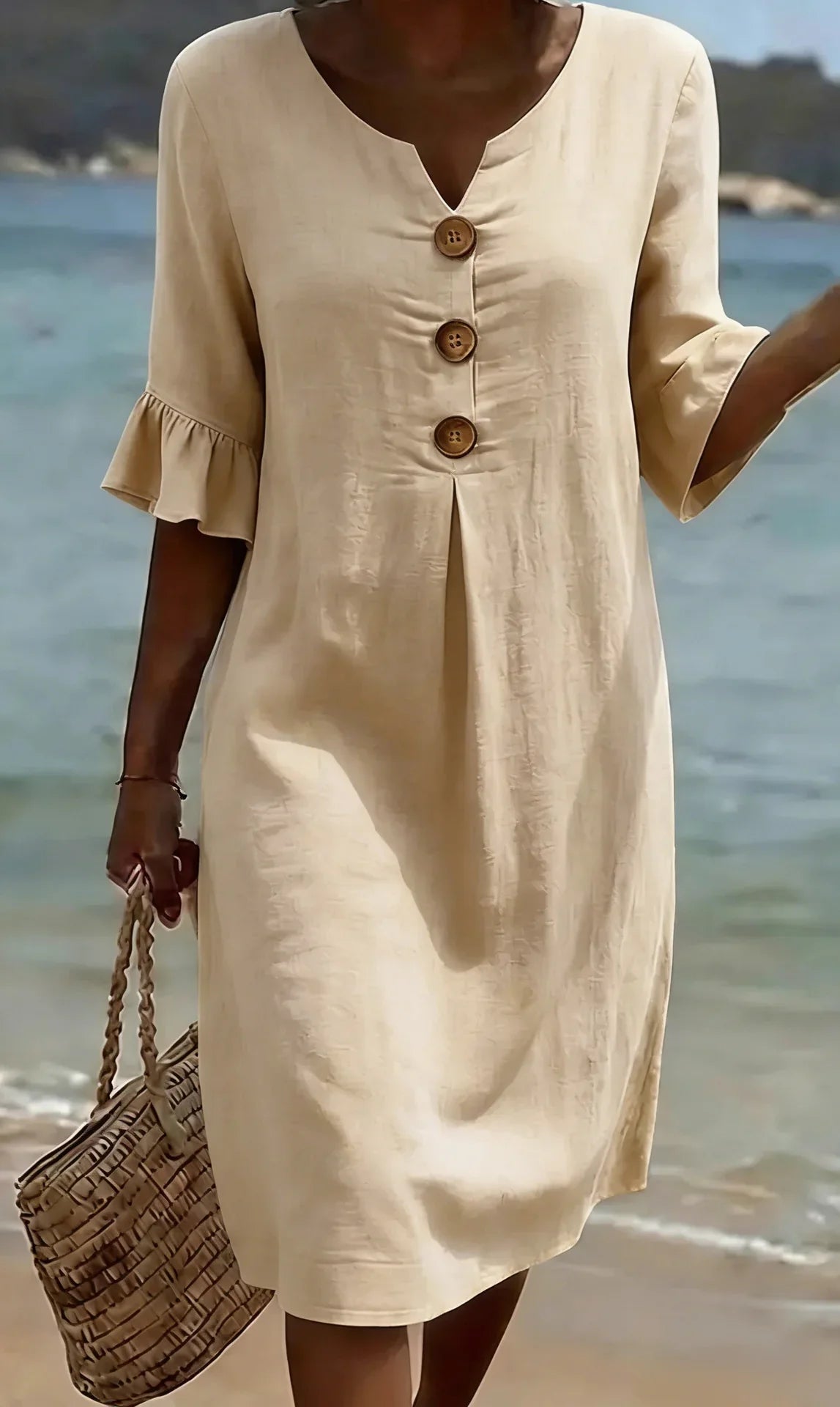 Vanesa™ | Robe texturée en lin avec manches bouffantes et boutons