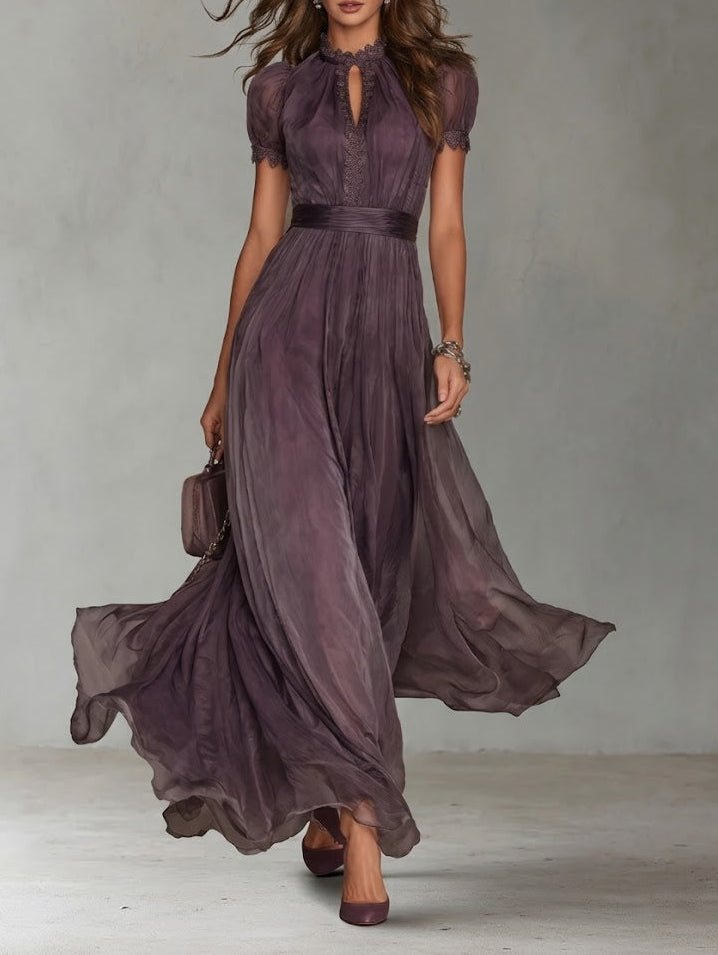 Flavia - Vestido largo morado con escote en forma de ojo de cerradura y ribete de encaje de gasa