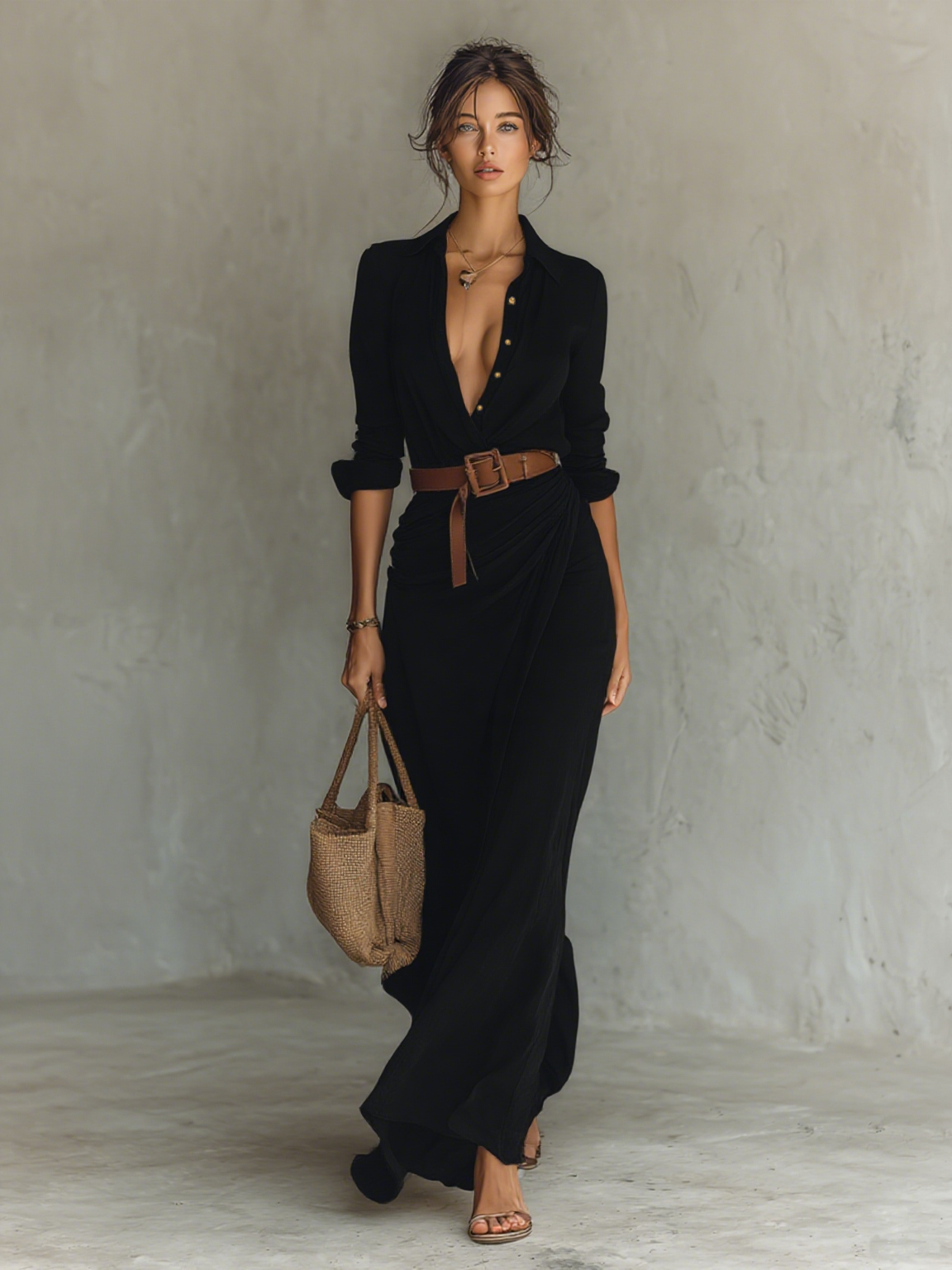 Robe longue à manches longues avec col à revers pour femme