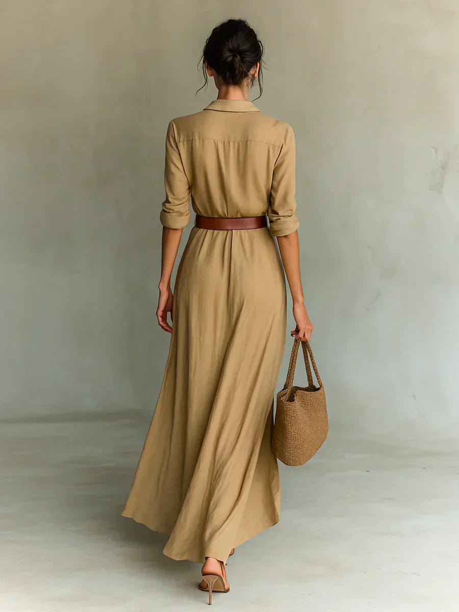 Camille™ | Vestido largo con pliegues y cinturón en la cintura