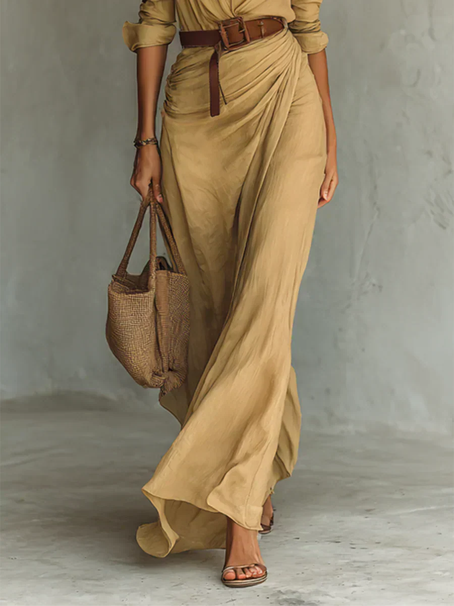Camille™ | Vestido largo con pliegues y cinturón en la cintura