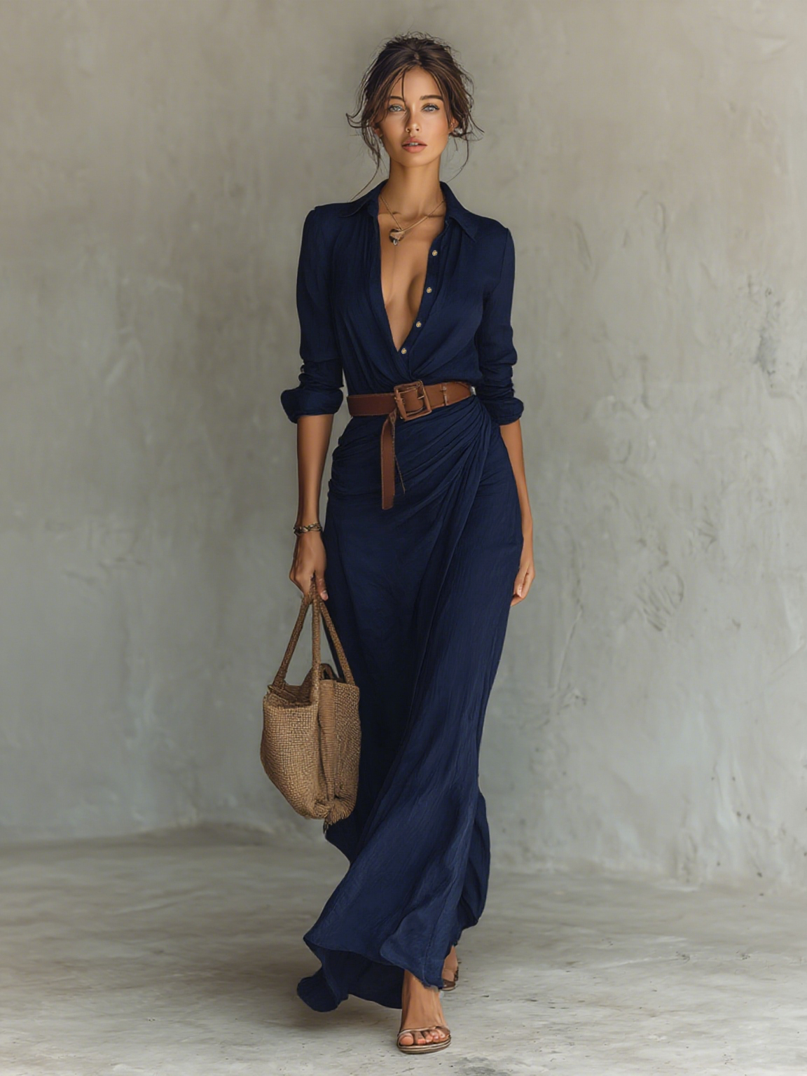 Robe longue à manches longues avec col à revers pour femme