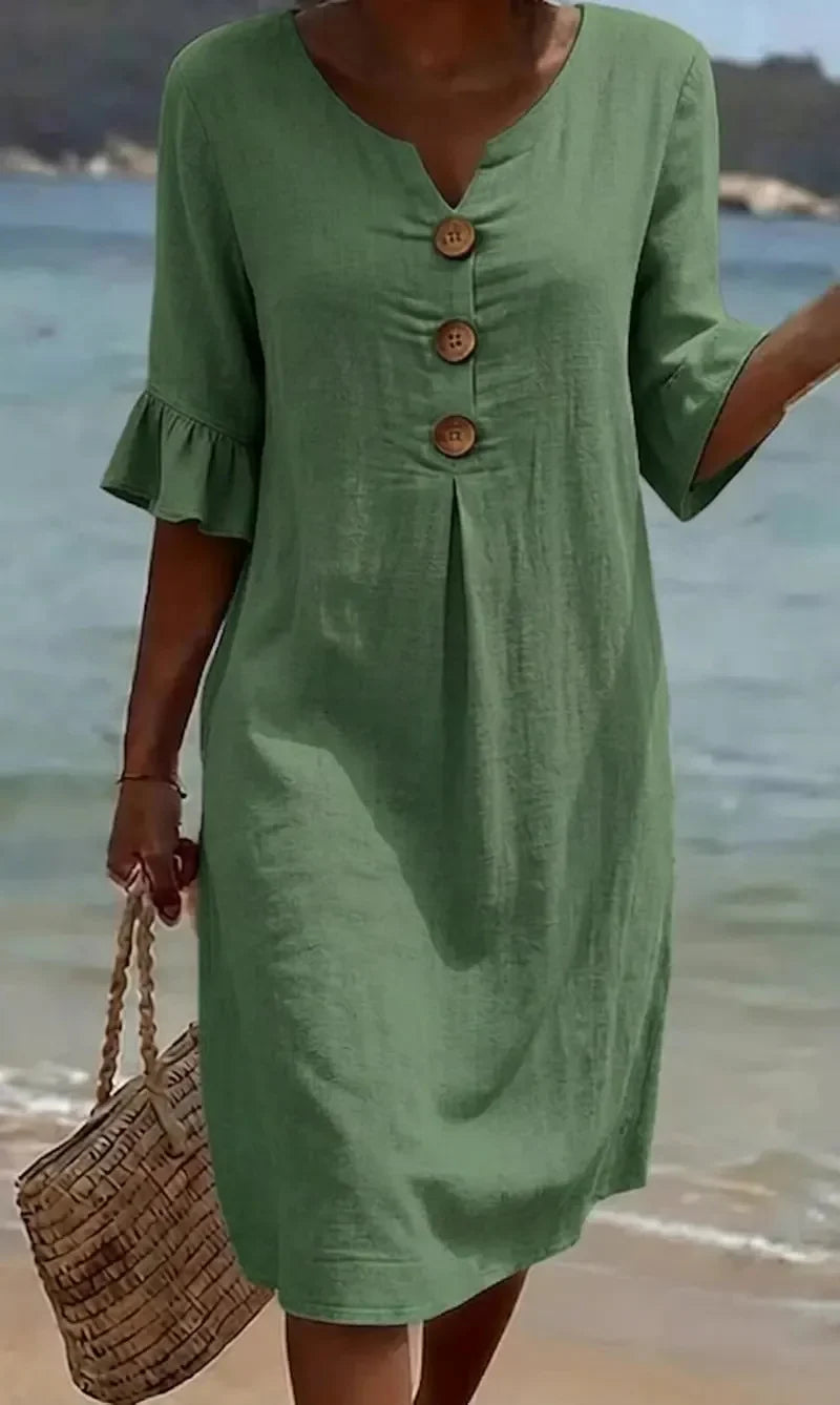 Vanesa™ | Robe texturée en lin avec manches bouffantes et boutons