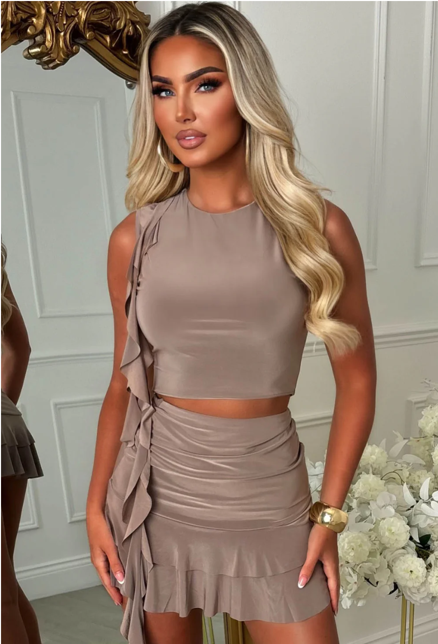 Frilling Beauty Coral Frill Detail Slinky Mini Skirt Co-ord Set