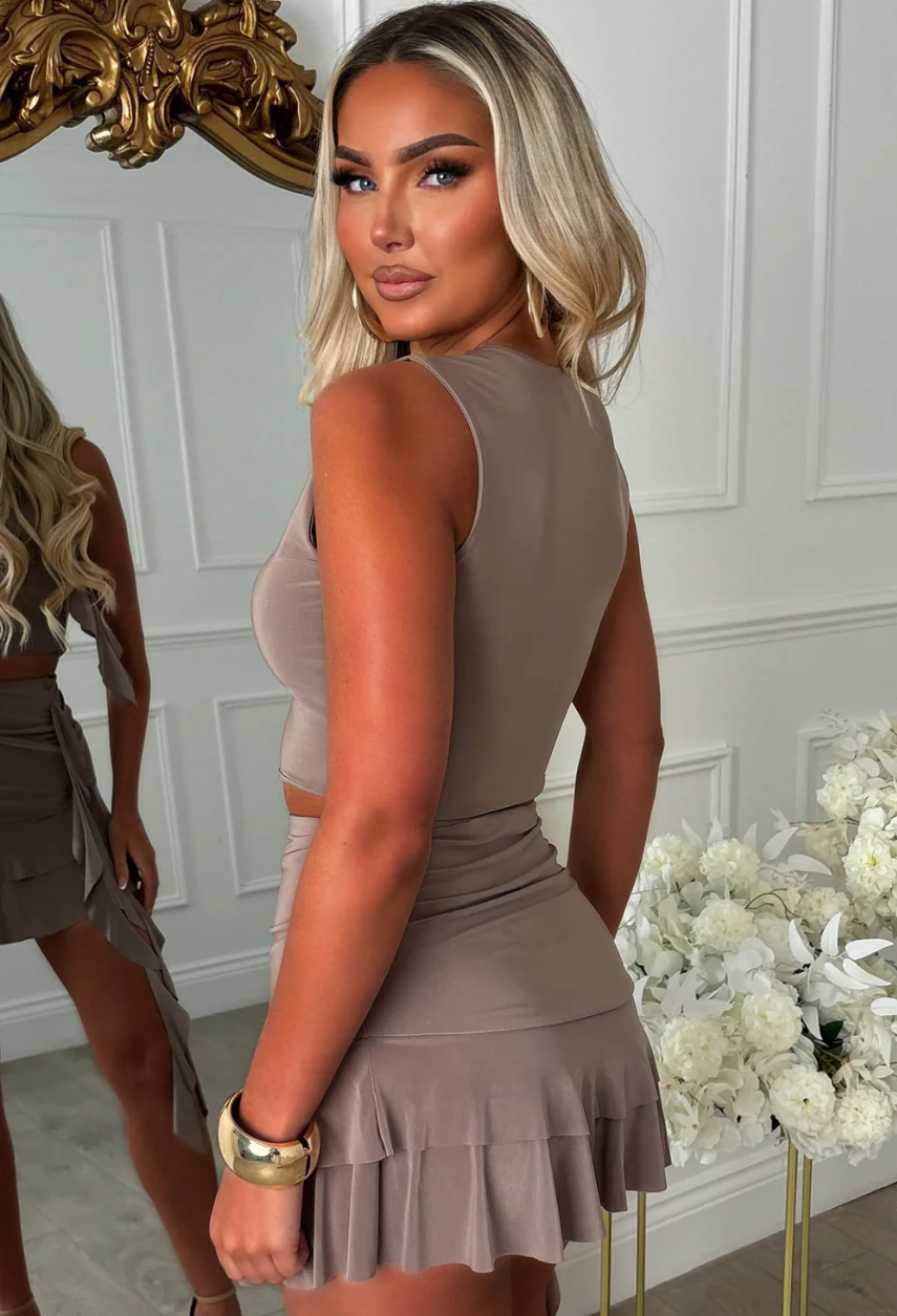 Frilling Beauty Coral Frill Detail Slinky Mini Skirt Co-ord Set