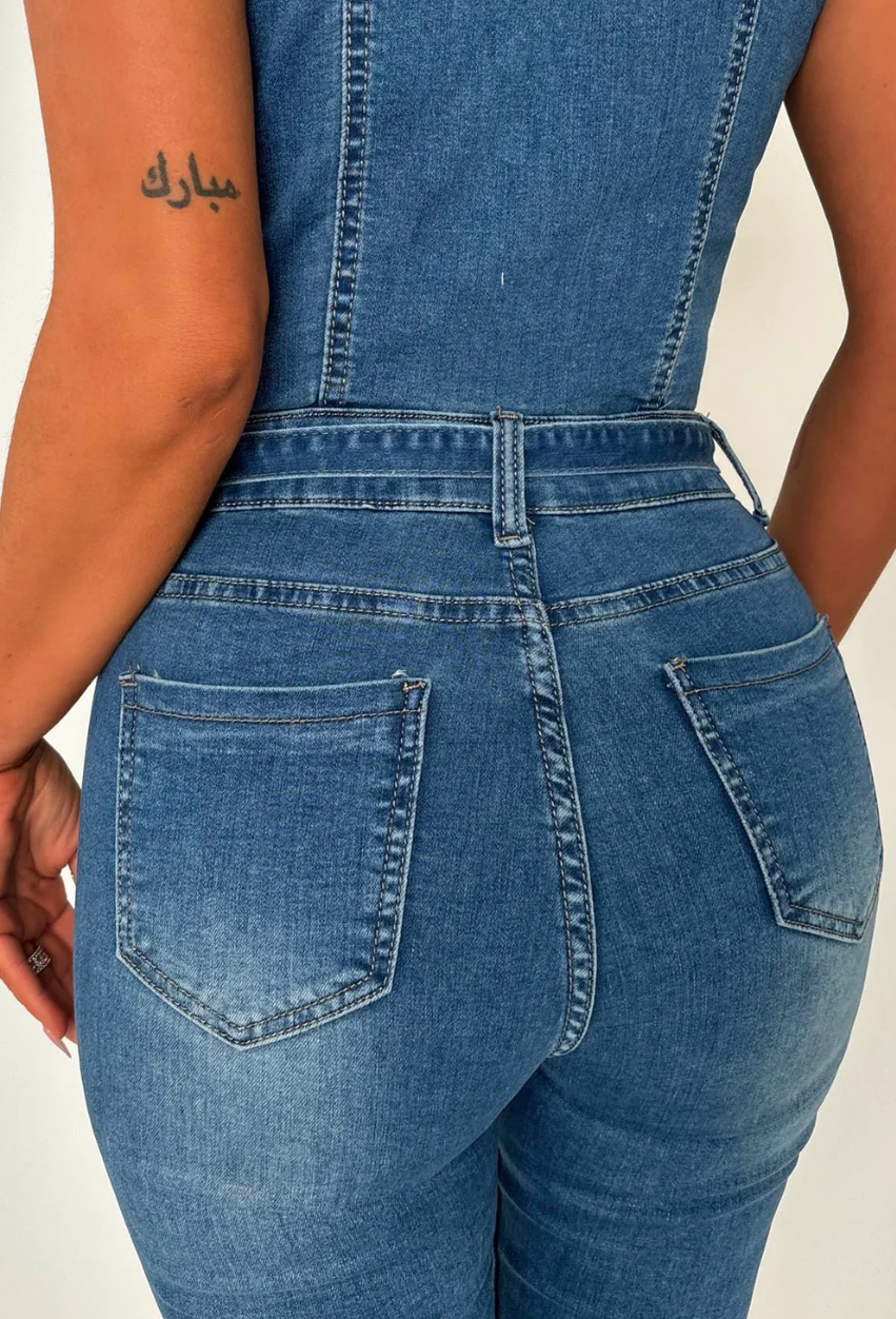 Combinaison en jean sans manches stretch délavage clair « Rodeo Drive Chic »