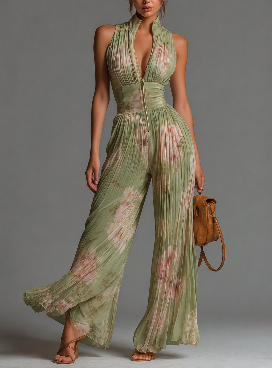 Valentina | Combinaison plissée en mousseline vert sauge à motifs floraux, avec manches kimono