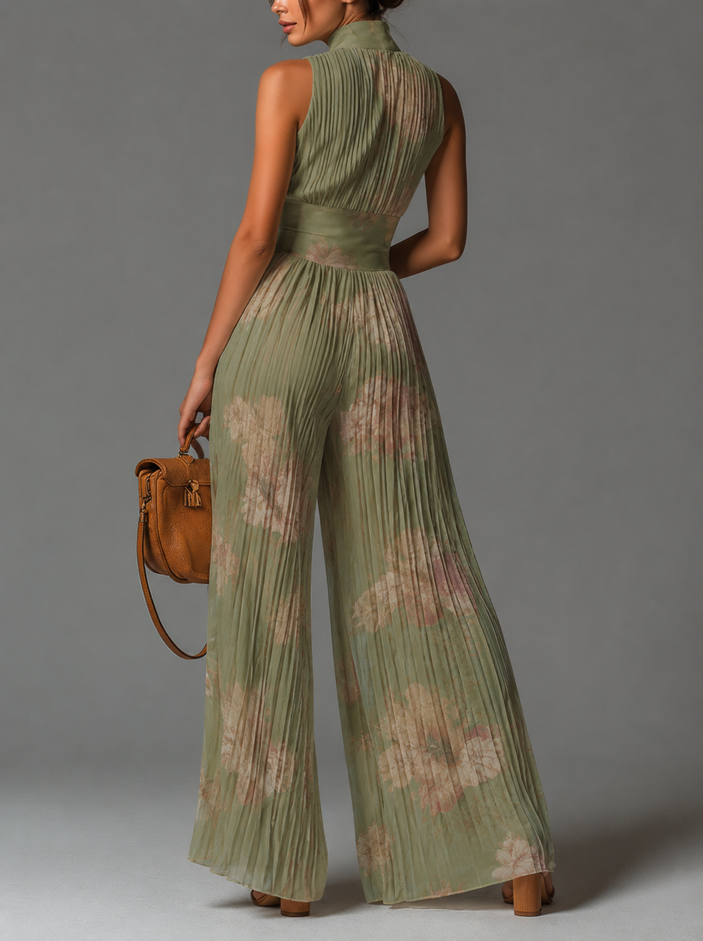 Valentina | Combinaison plissée en mousseline vert sauge à motifs floraux, avec manches kimono