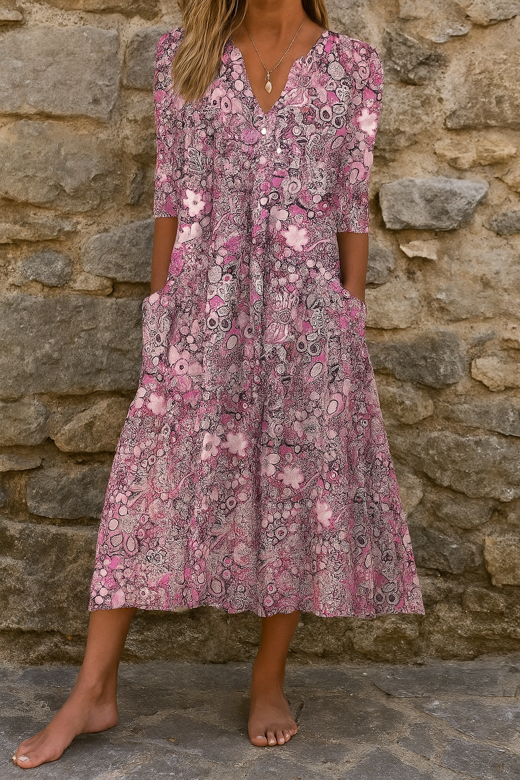 Elise | Robe midi imprimée à col en V
