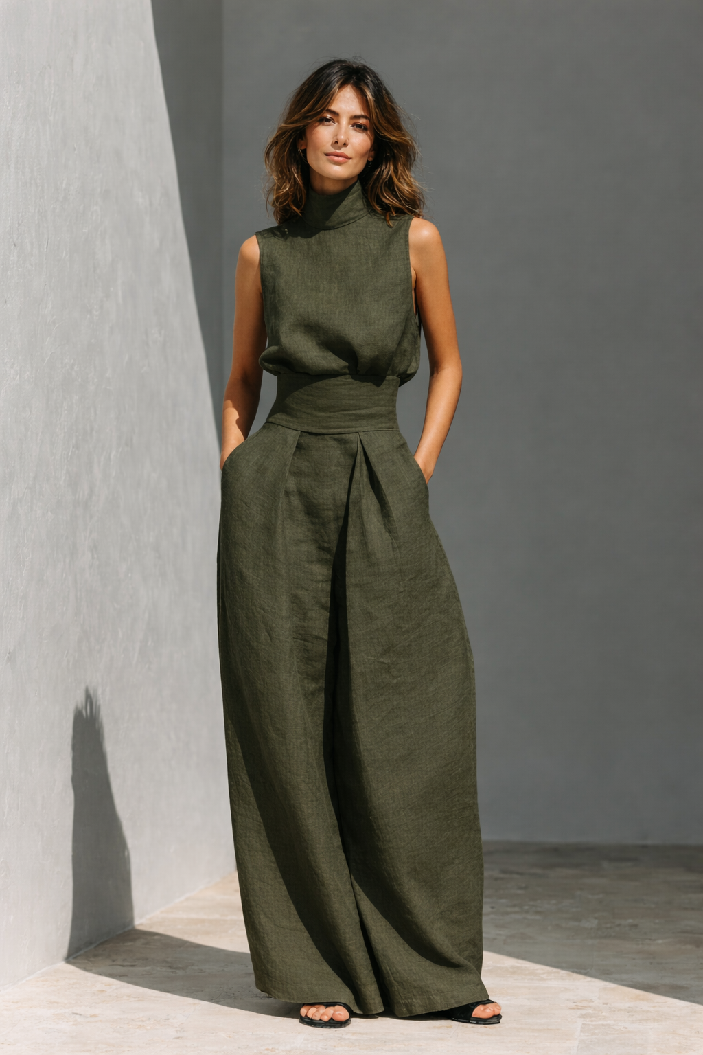 Antonella | Ensemble minimaliste pour femme composé d'un débardeur et d'un pantalon ample en coton et lin
