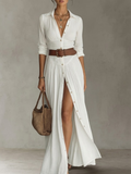 Vestido largo de lino para mujer con cuello de solapa y mangas largas.