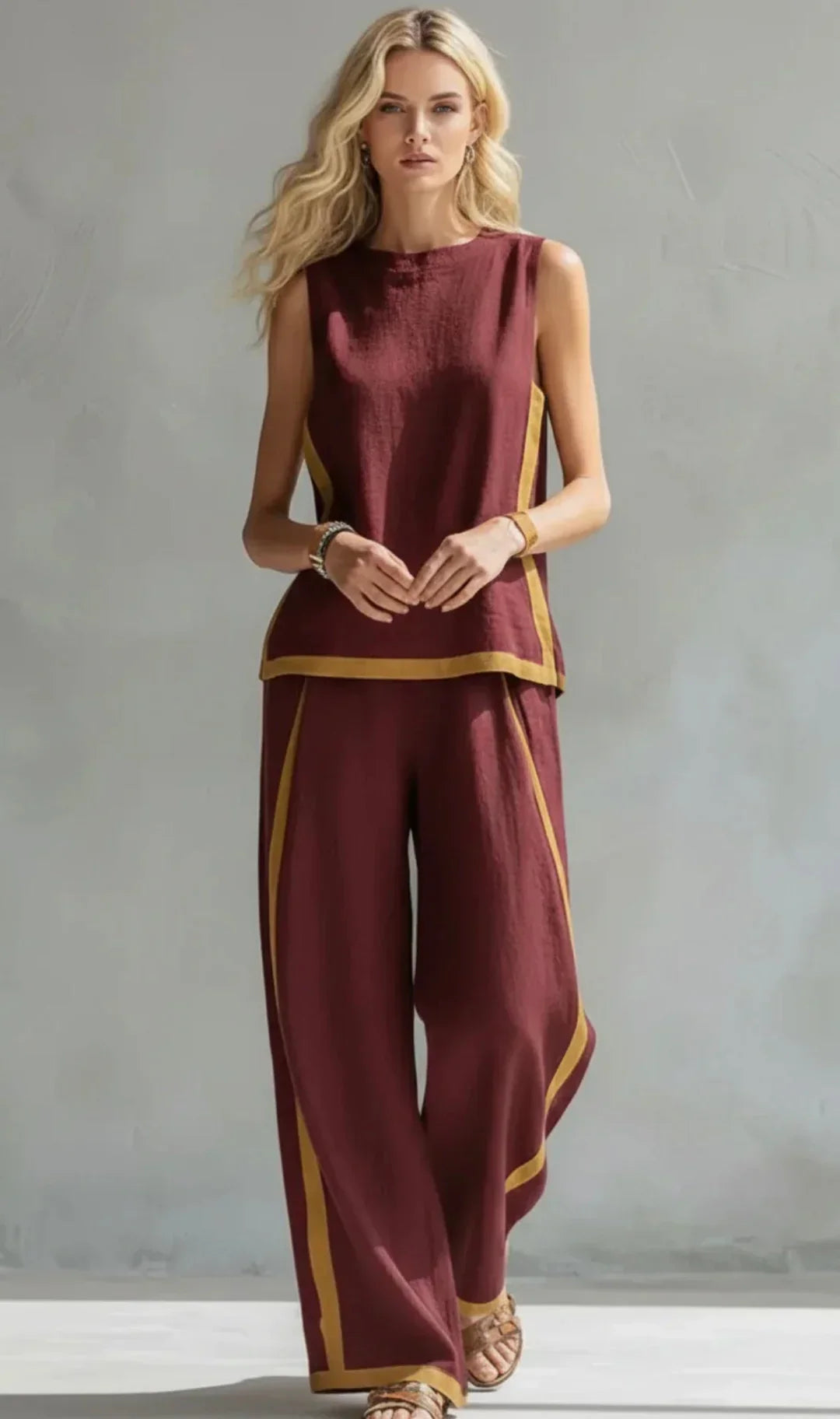 Ursula - Un ensemble gilet et pantalon élégant et décontracté, avec des finitions bicolores.