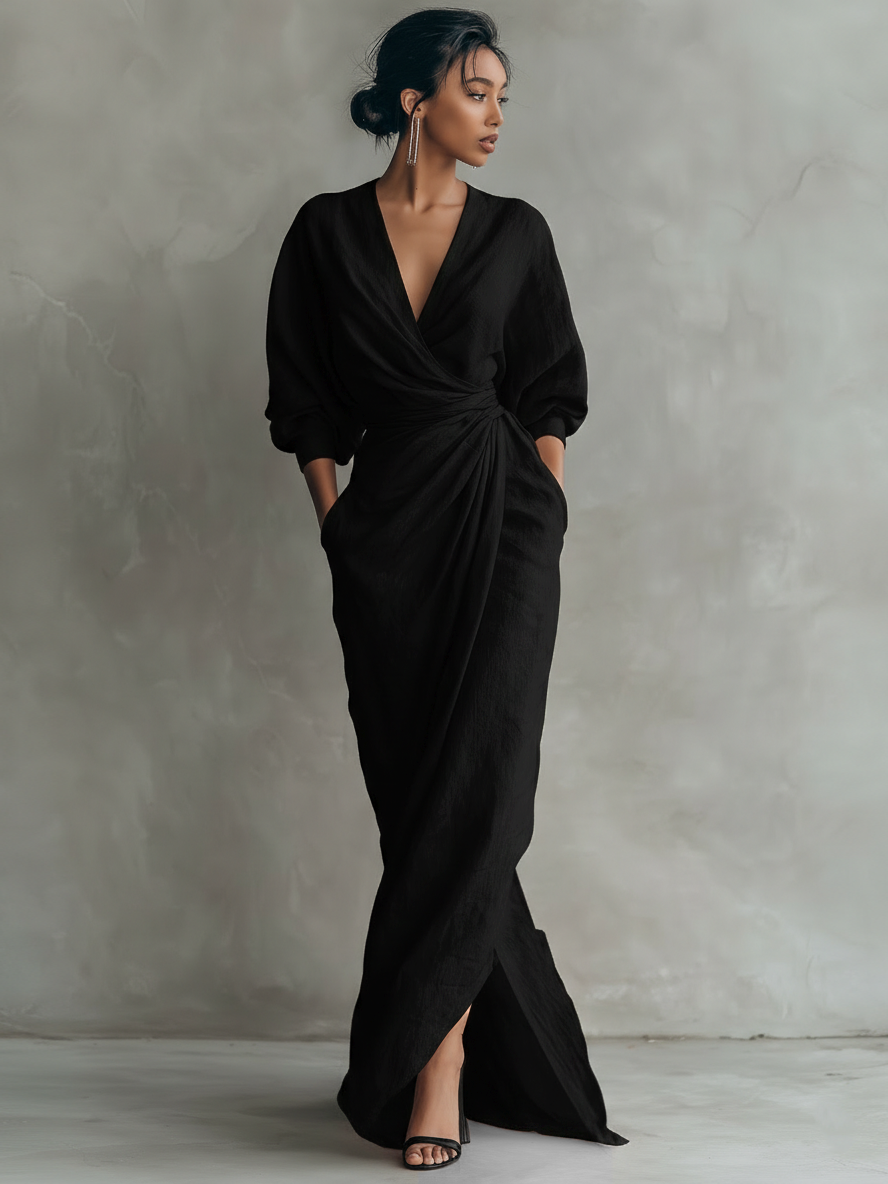 Robe longue rose minimaliste en lin à col en V pour femme