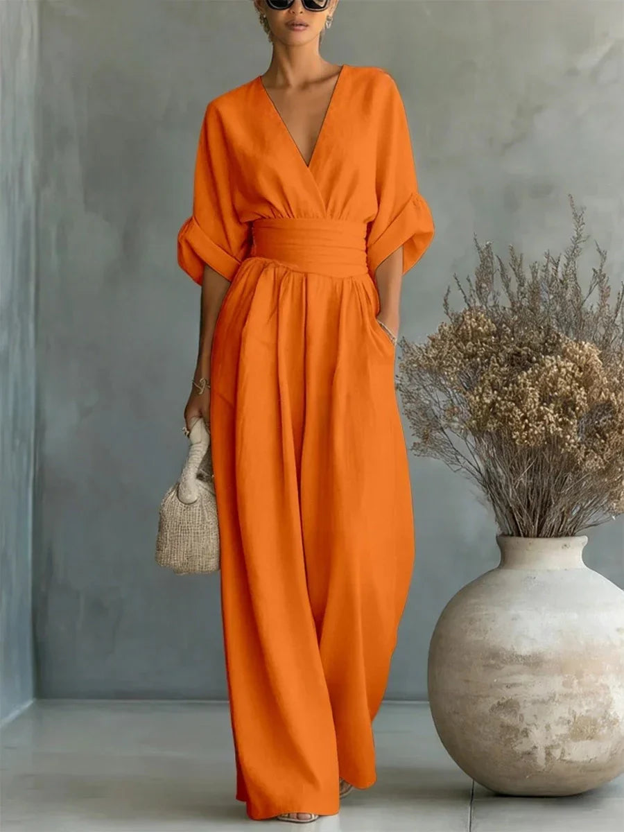 Combinaison élégante à encolure en V, taille haute et jambes larges