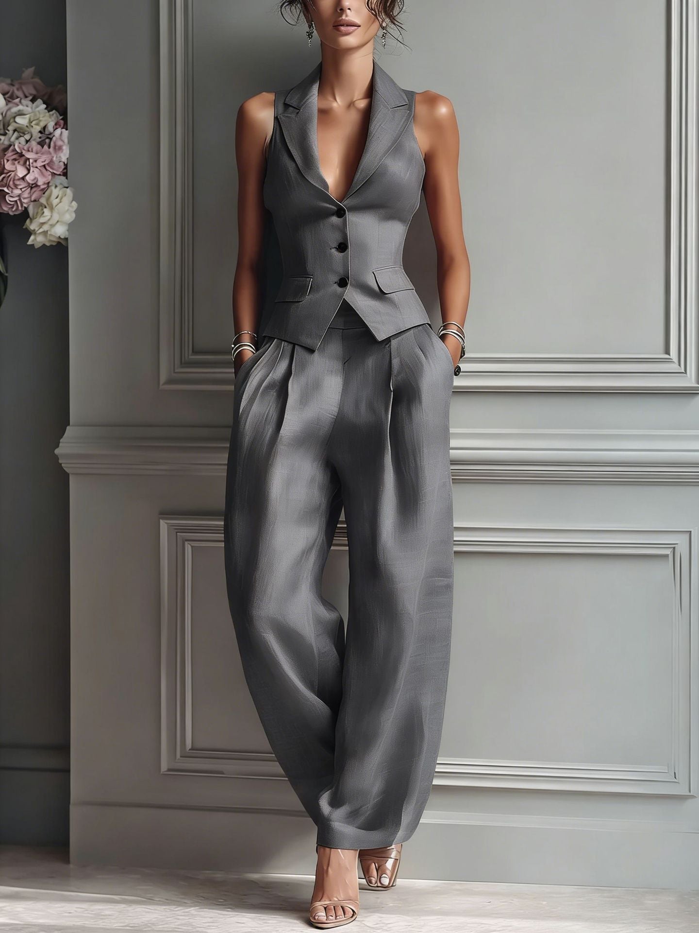 TRAJE DE DOS PIEZAS CON CUELLO EN V Y BOTONES PARA MUJER