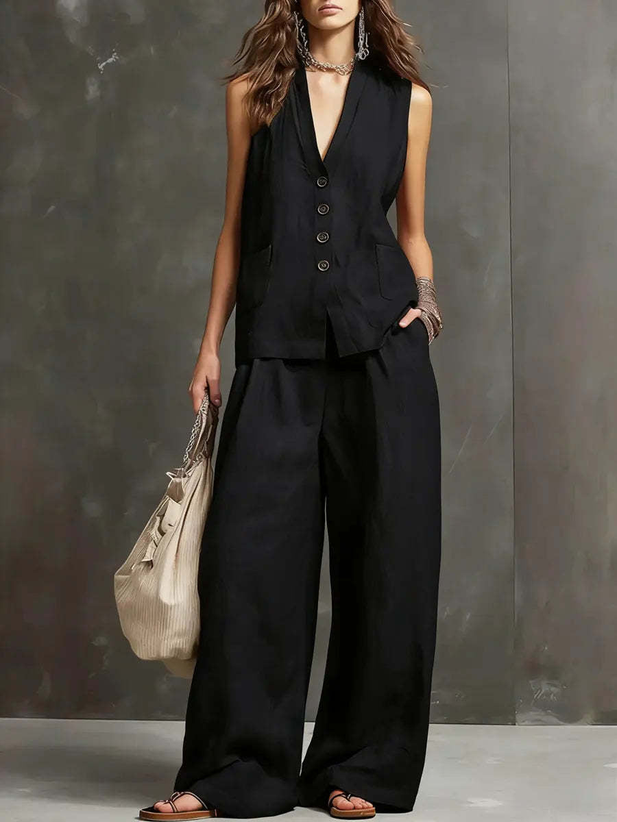 ENSEMBLE DE DEUX PIÈCES EN COTON ET LIN AVEC GILET