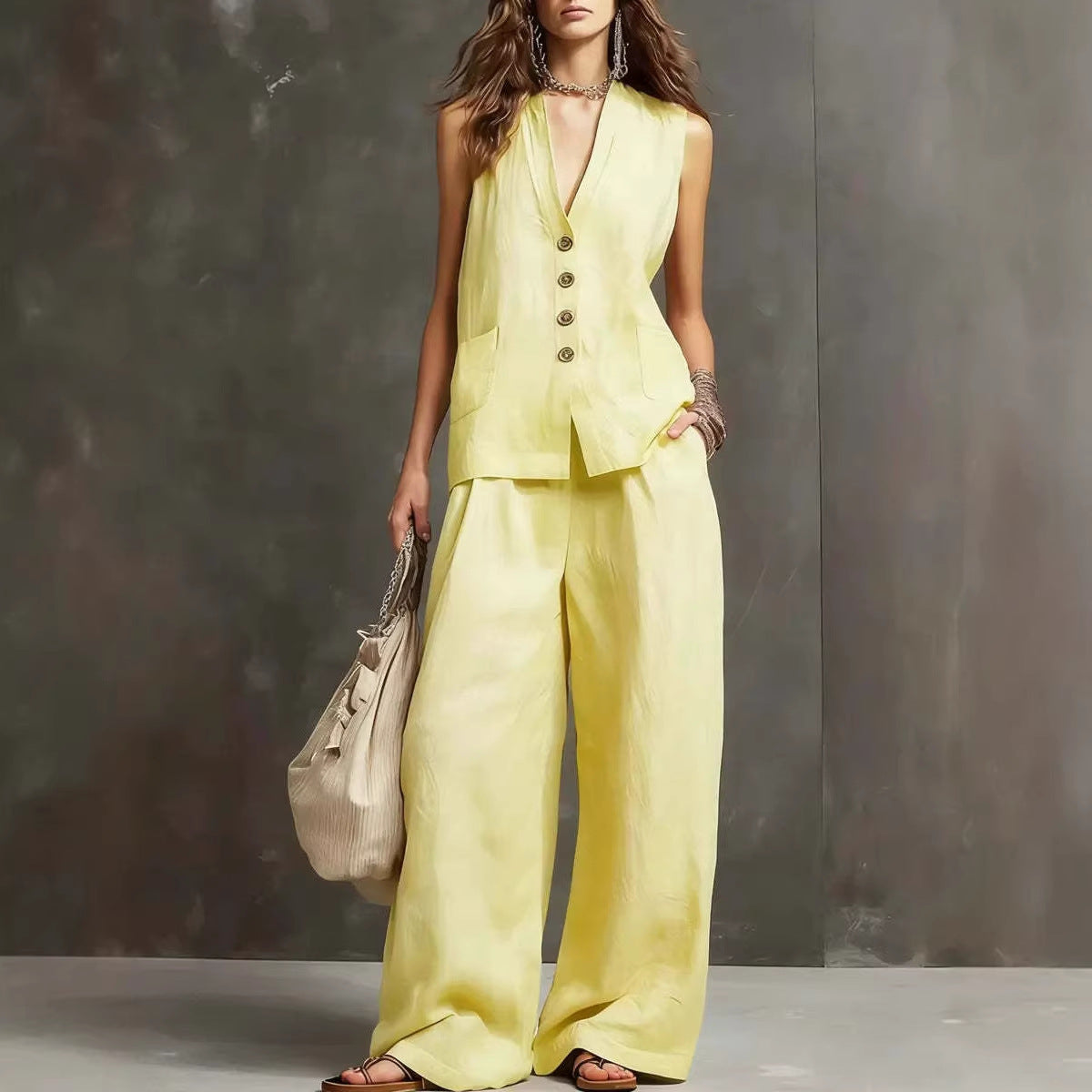 ENSEMBLE DE DEUX PIÈCES EN COTON ET LIN AVEC GILET