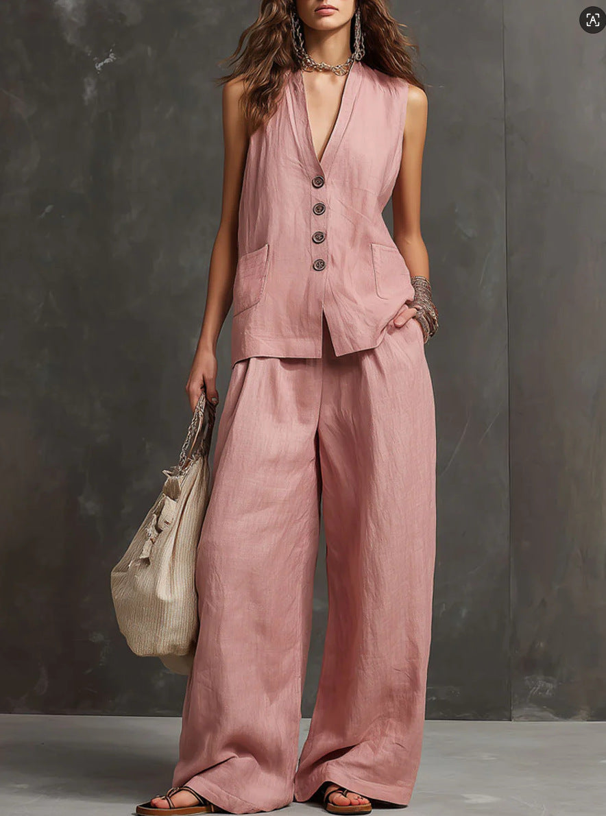 TRAJE DE DOS PIEZAS DE ALGODÓN Y LINO CON CHALECO