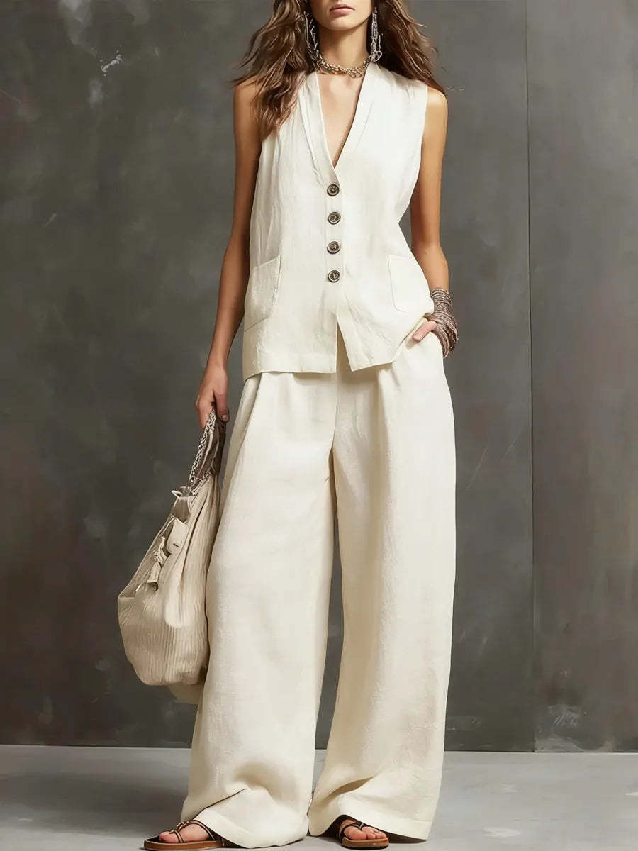 ENSEMBLE DE DEUX PIÈCES EN COTON ET LIN AVEC GILET