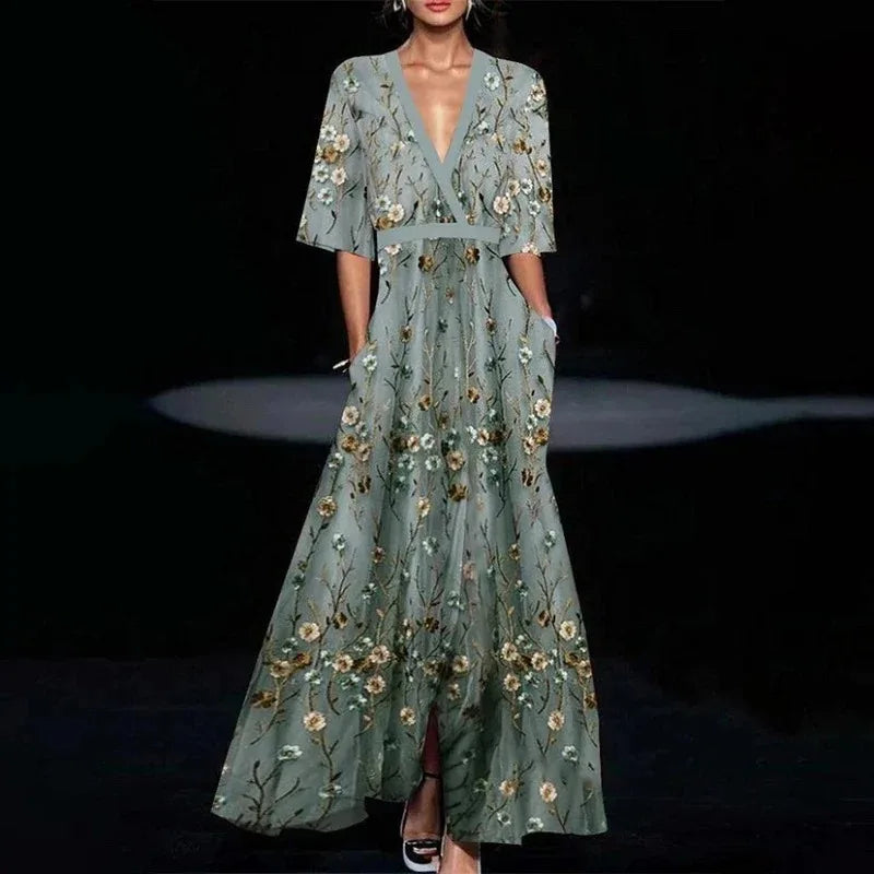 Hazel™ | Vestido largo con estampado floral y cinturón, con cuello en V