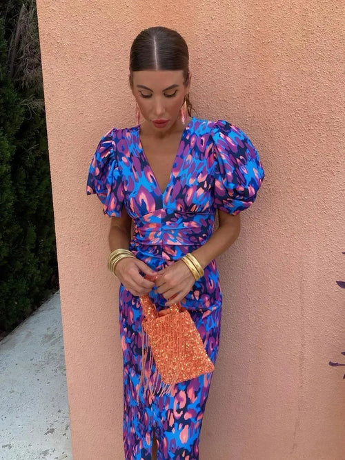 Aurora™ | Robe midi vive à manches bouffantes
