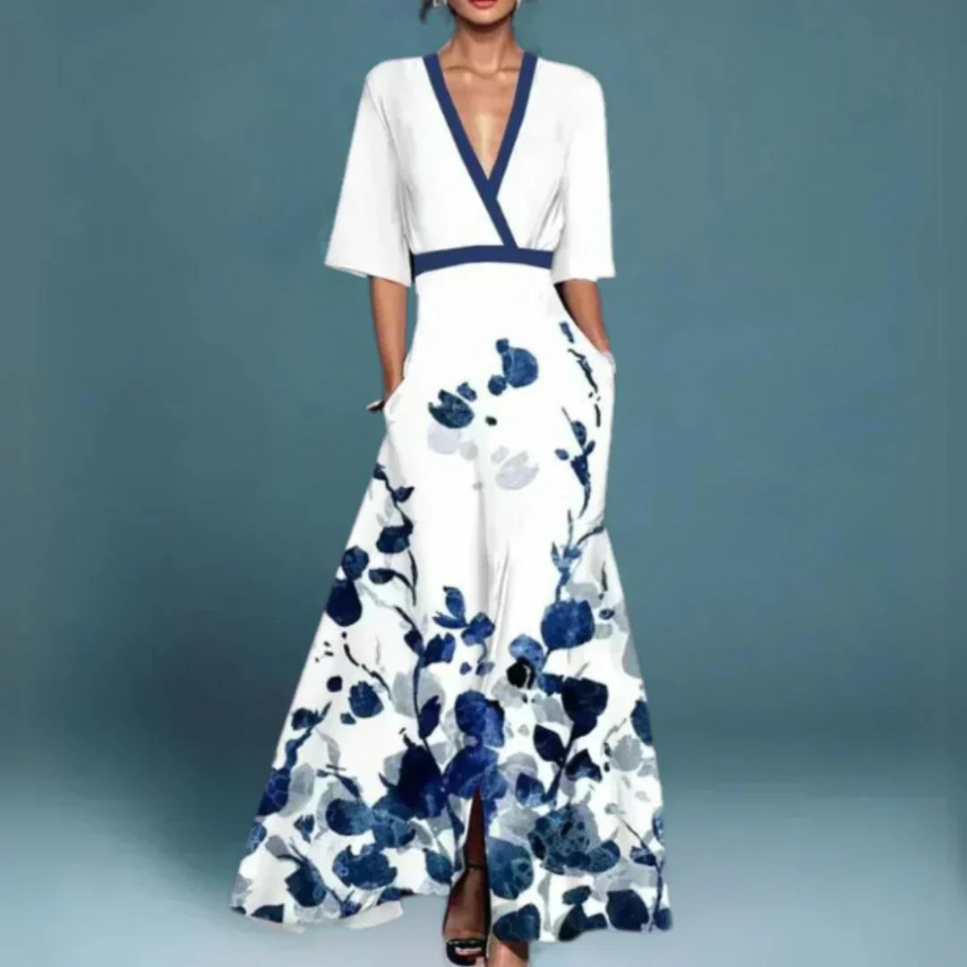 Hazel™ | Robe longue à imprimé floral et ceinture, avec col en V