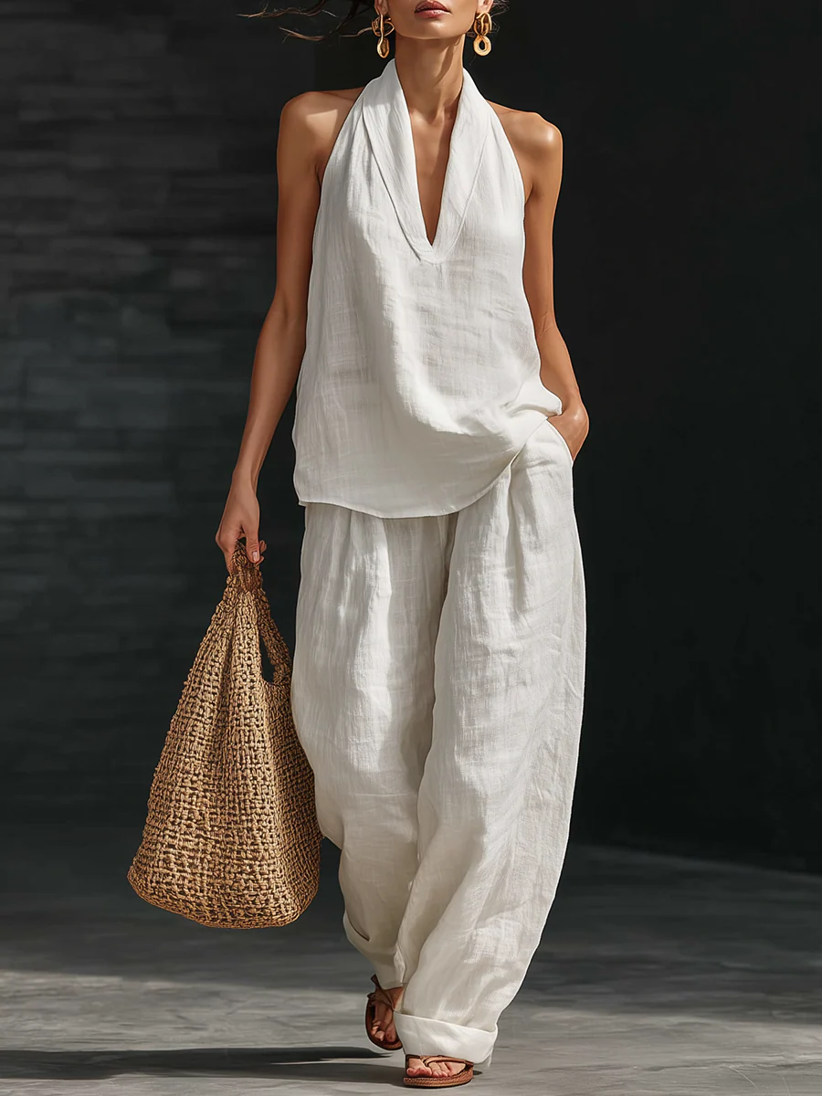 ZOE™ | CONJUNTO SIN MANGAS CON PANTALÓN ANCHO EN CREMA