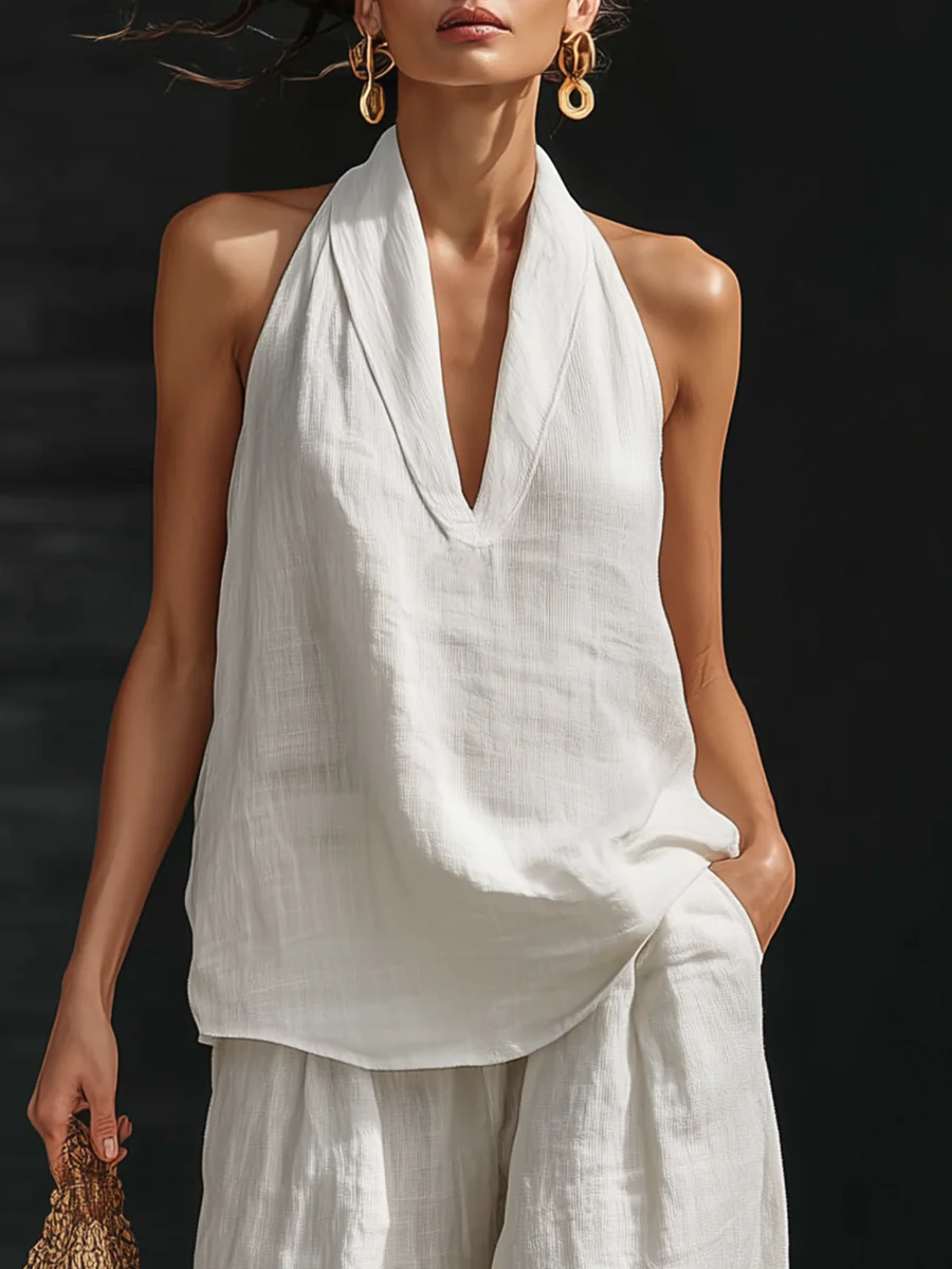ZOE™ | CONJUNTO SIN MANGAS CON PANTALÓN ANCHO EN CREMA